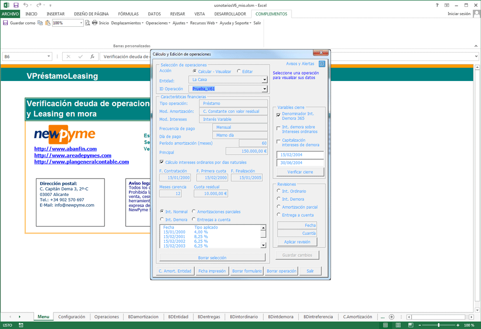Calculo de intereses de prestamos y leasing en mora; Edicion y calculo prestamo leasing