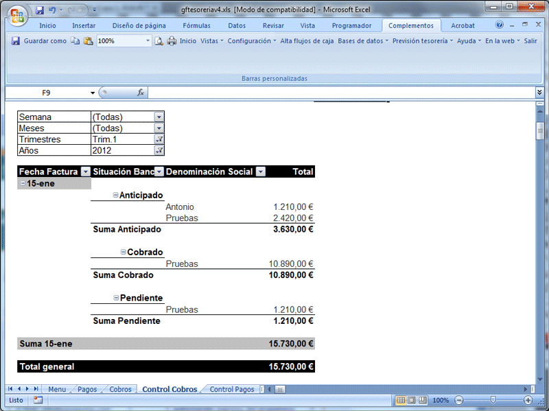 Prevision de tesoreria cobros y pagos; Informe distribucion cobros y pagos