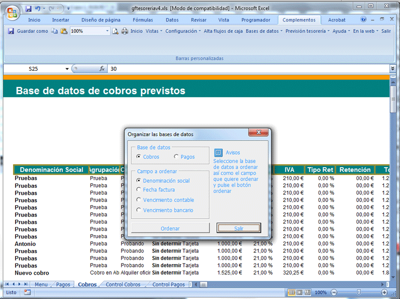 Prevision de tesoreria cobros y pagos; Organizacion bases de datos