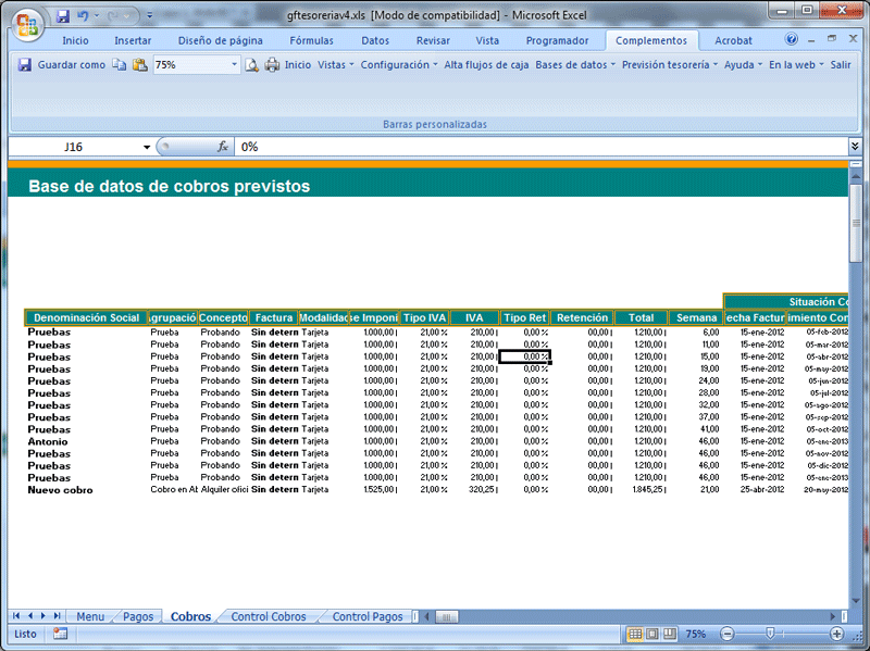 Prevision de tesoreria cobros y pagos; Base de datos cobros previstos